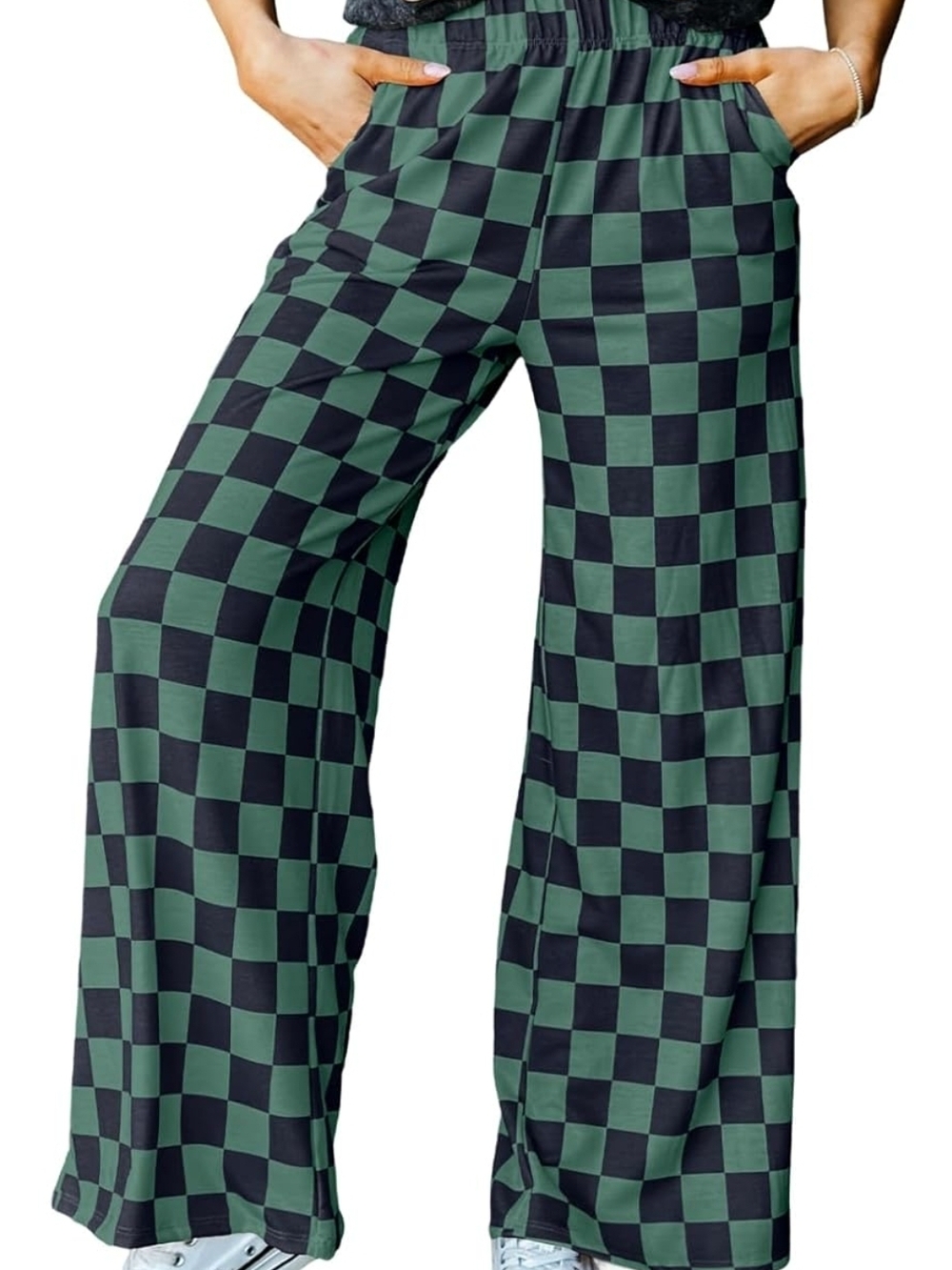 Acelitt Womens Casual Checkered Pants Elastic Waist Comfy Loose Wide Leg Pants w